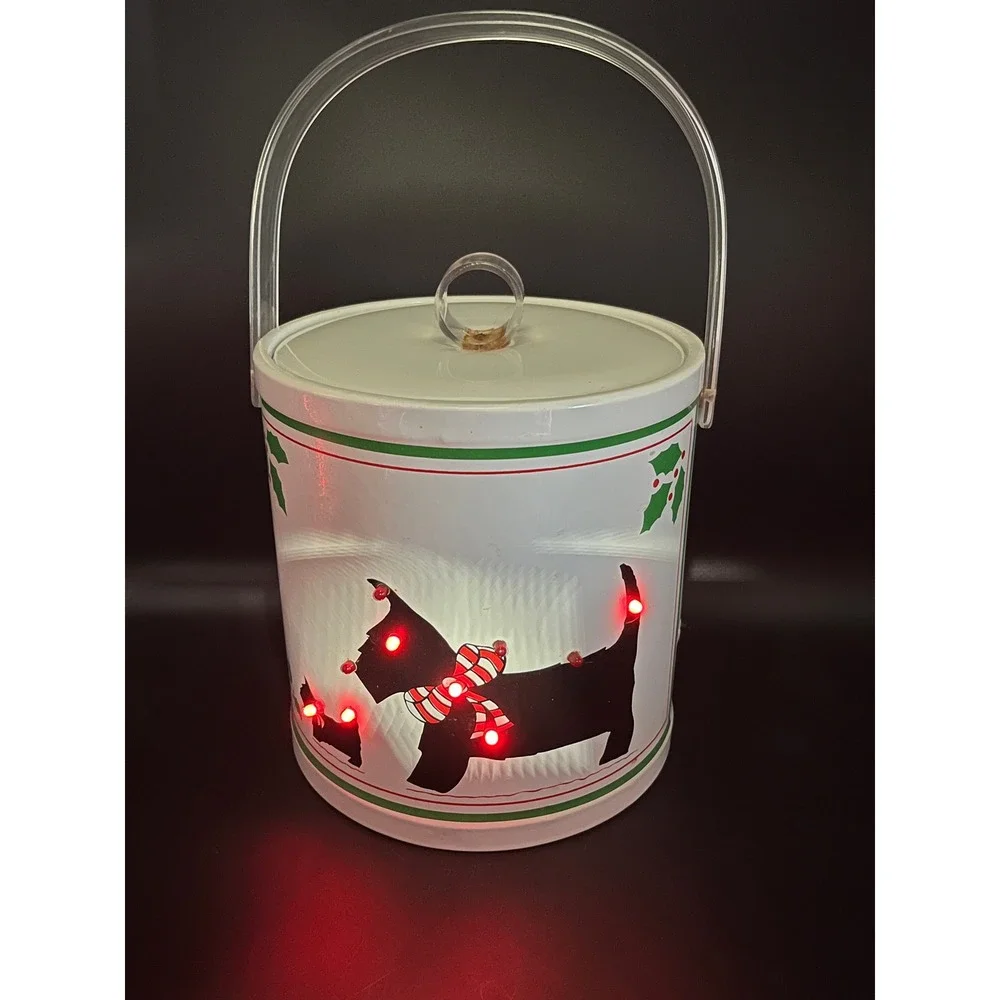 Vtg Light Up Christmas Scottie Dog Terrier Ice Bucket White Vinyl Acrylic Handle